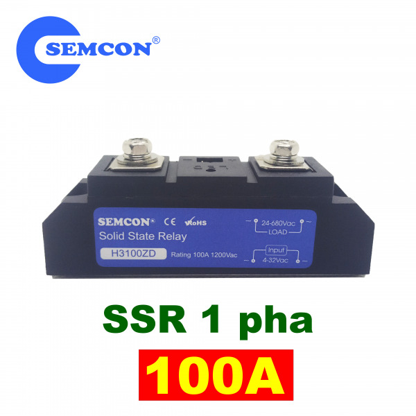 H3100ZD SSR 1 Pha 100A Relay Bán Dẫn Output: 24-680Vac, Input: 4-32Vdc