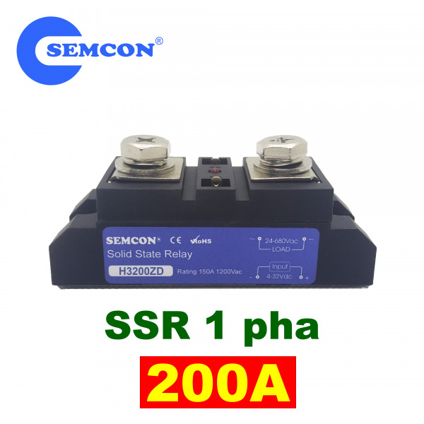 H3200ZD SSR 1 Pha 200A Relay Bán Dẫn Output: 24-680Vac, Input: 4-32Vdc