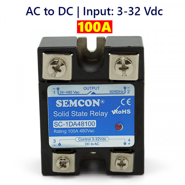 SC-1DA48100 SSR 1 Pha 100A Relay Bán Dẫn Output: 24-280Vac, Input: 3-32Vdc