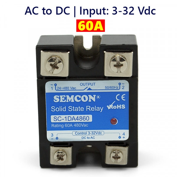 SC-1DA4860 SSR 1 Pha 60A Relay Bán Dẫn Output: 24-280Vac, Input: 3-32Vdc